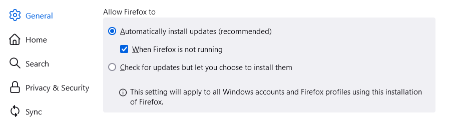 Firefox automatic update option