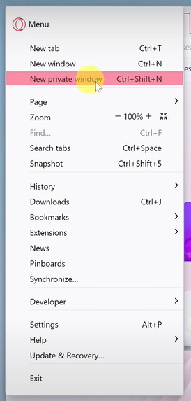 New Private window on Opera GX