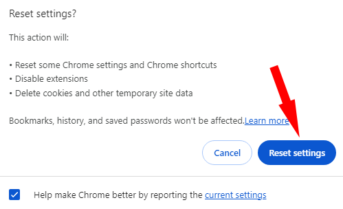 Reset settings to fix redirect loop in Google Chrome