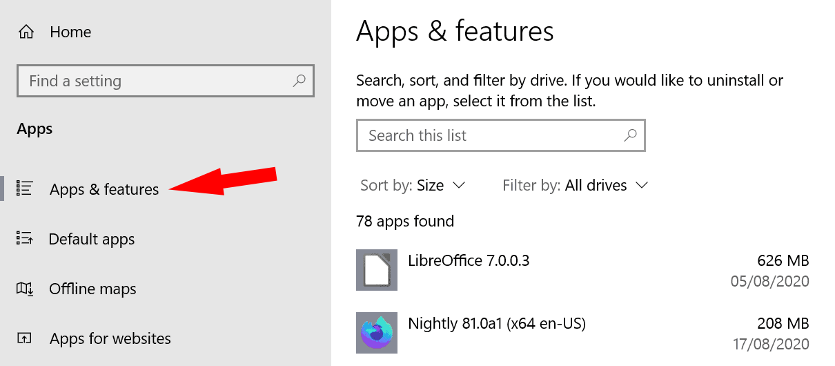 Apps and features settings