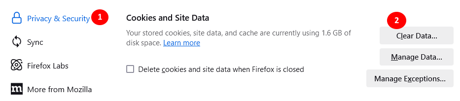 Firefox clear data settings