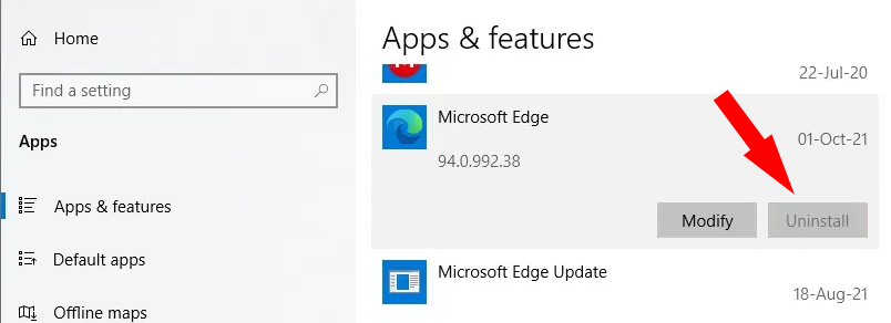 Microsoft edge uninstall through windows